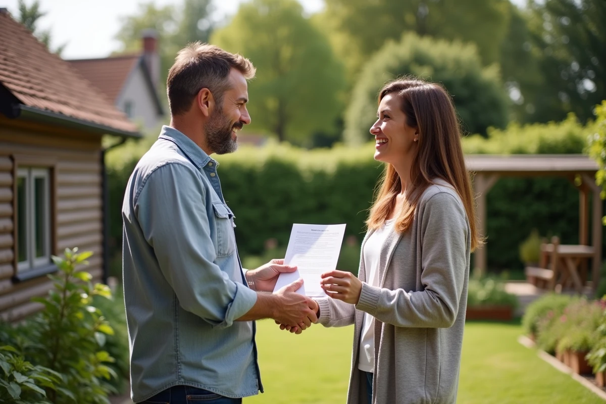 Propriétaire et locataire signant un contrat de location entre particuliers pour une maison avec jardin en 76