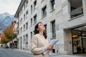 Jeune femme examinant une résidence moderne à Andorre-la-Vieille avec des montagnes en arrière-plan, symbolisant l'achat immobilier avec un petit budget en Andorre