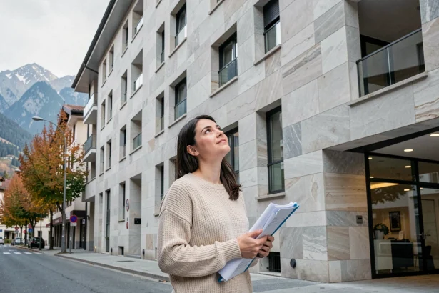 Jeune femme examinant une résidence moderne à Andorre-la-Vieille avec des montagnes en arrière-plan, symbolisant l'achat immobilier avec un petit budget en Andorre