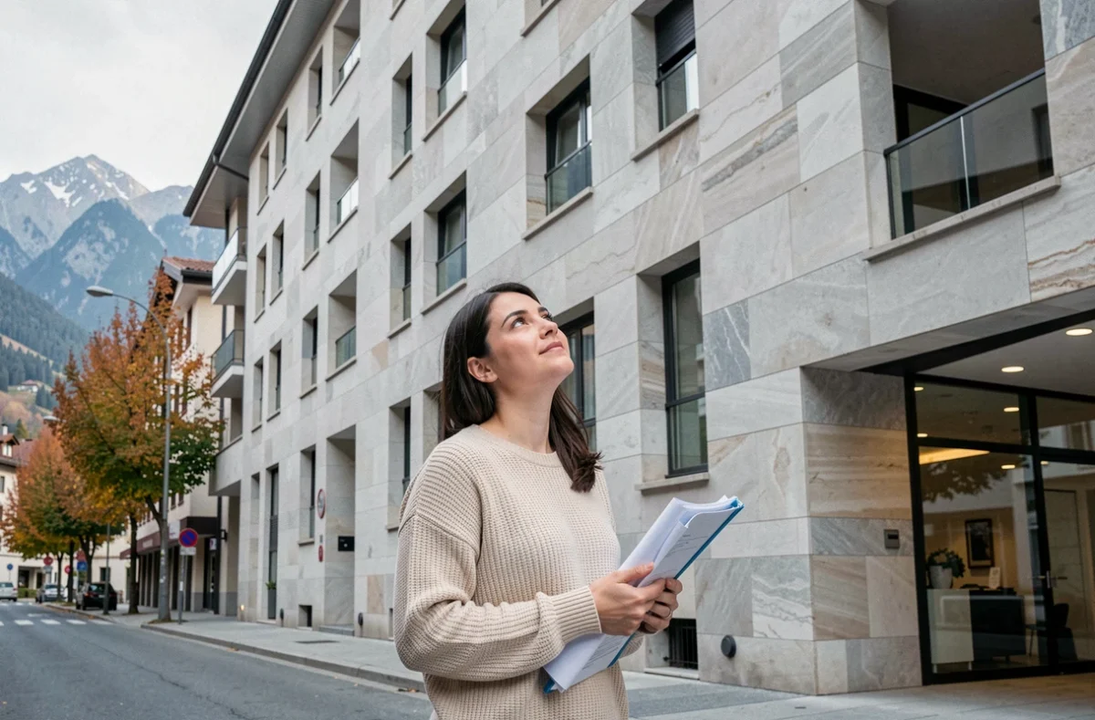 Jeune femme examinant une résidence moderne à Andorre-la-Vieille avec des montagnes en arrière-plan, symbolisant l'achat immobilier avec un petit budget en Andorre