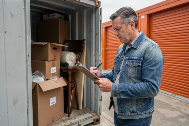 Homme examinant le contenu d'un box de stockage lors d'une vente aux enchères dans un entrepôt de self-stockage