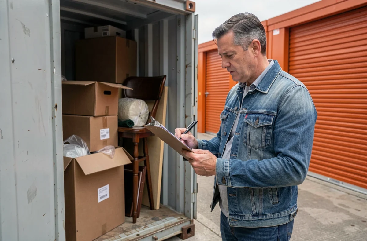 Homme examinant le contenu d'un box de stockage lors d'une vente aux enchères dans un entrepôt de self-stockage