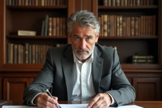 Un homme d'âge mûr examine un contrat viager chez un notaire, évoquant les recours juridiques après un décès prématuré