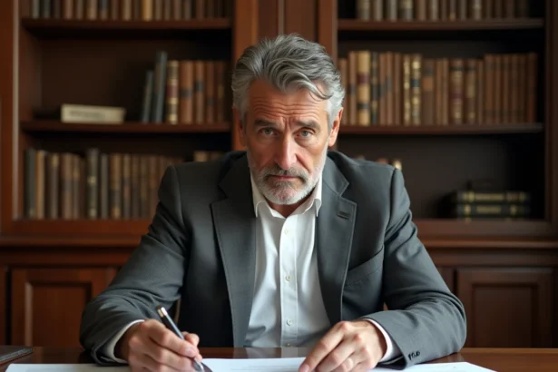Un homme d'âge mûr examine un contrat viager chez un notaire, évoquant les recours juridiques après un décès prématuré