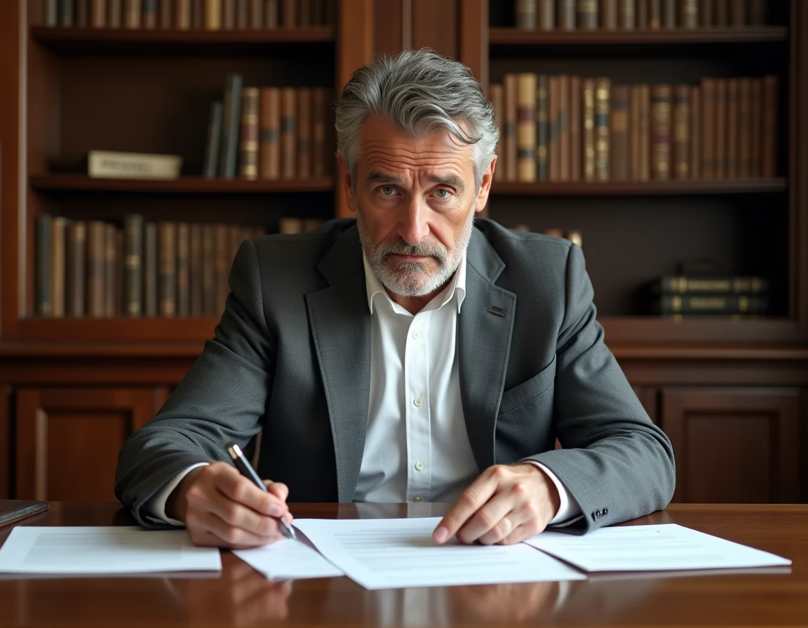 Un homme d'âge mûr examine un contrat viager chez un notaire, évoquant les recours juridiques après un décès prématuré