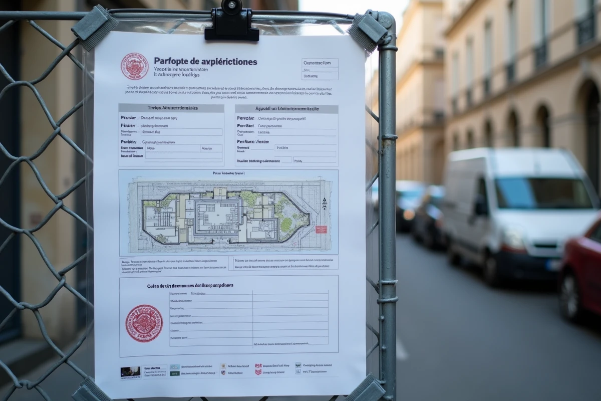 Panneau déclaration préalable de travaux en pochette plastique fixé sur une clôture de chantier urbain