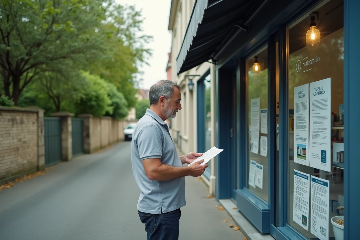 Homme consultant les annonces immobilières d'une agence dans un quartier résidentiel de Bergerac
