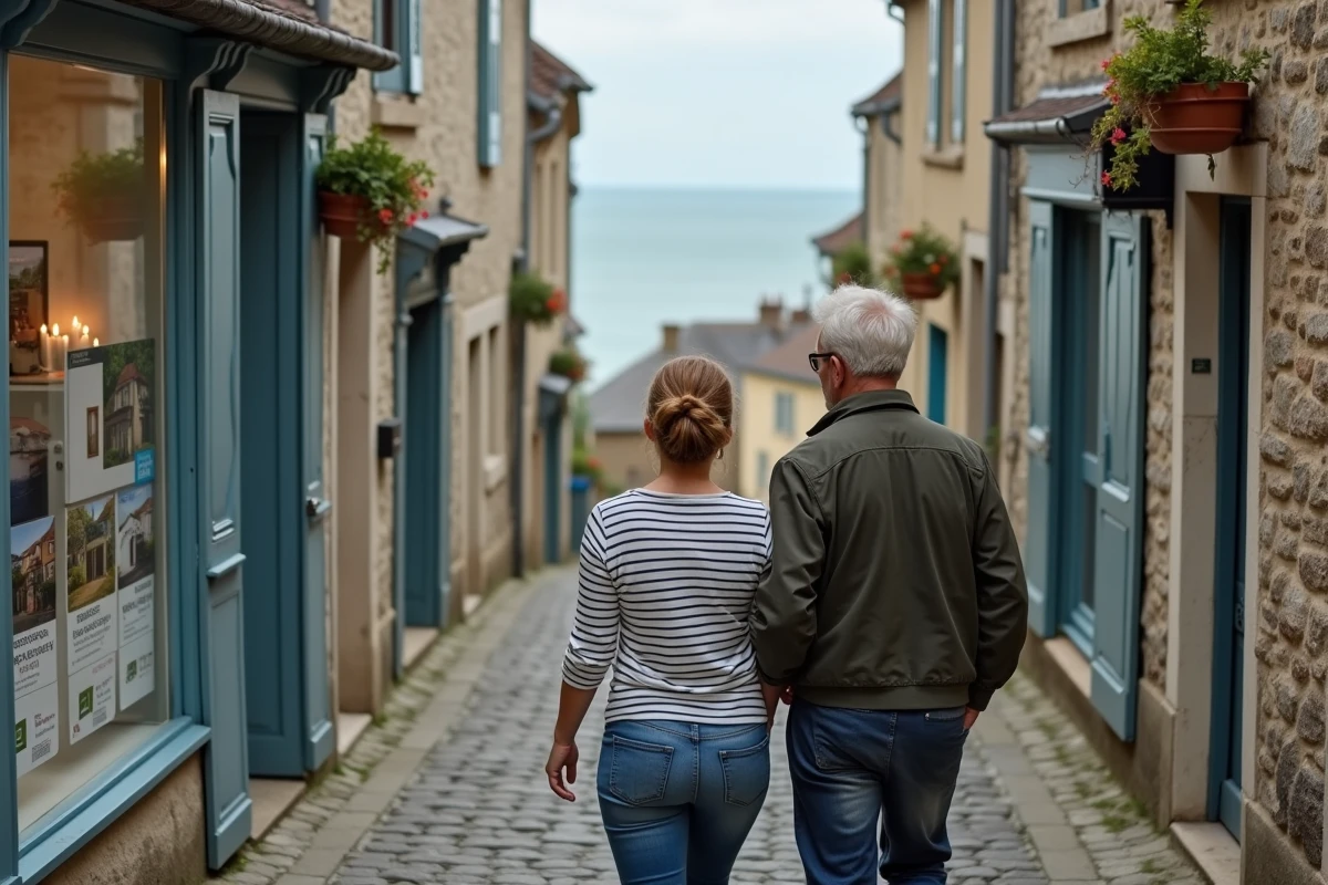 Couple devant une agence immobilière en bord de mer dans un village normand regardant des annonces de maisons et appartements vue mer
