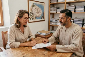 Femme expatriée et agent immobilier marocain examinant un contrat de location longue durée dans une agence d'Essaouira