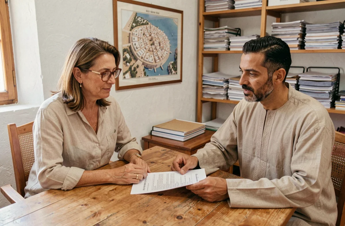 Femme expatriée et agent immobilier marocain examinant un contrat de location longue durée dans une agence d'Essaouira