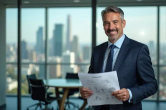 Agent immobilier en costume dans une banque moderne