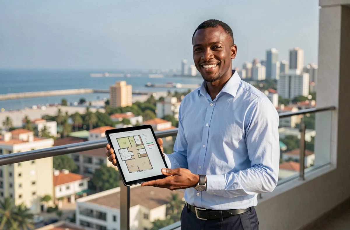 Agent immobilier sénégalais présentant un appartement à investir à Dakar depuis une terrasse avec vue sur la ville