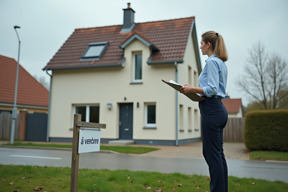 Femme agent immobilier devant une maison individuelle française à vendre, évoquant les contraintes de revente d'un logement financé par le PTZ