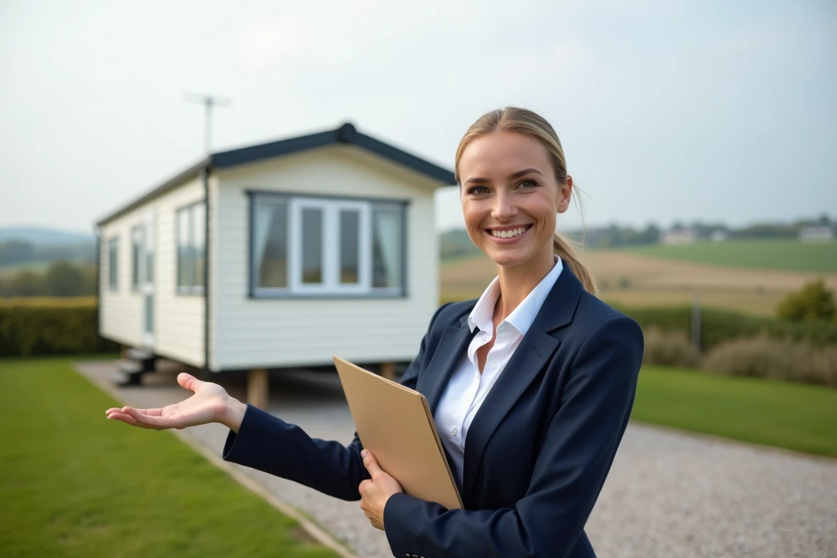 Agent immobilier souriante pointant vers un mobilhome