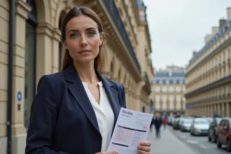 Agent immobilière devant un immeuble haussmannien parisien tenant un graphique d'évolution des prix au m2