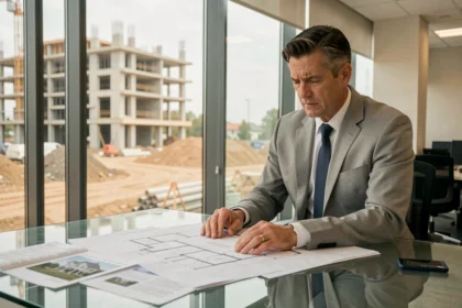 Agent immobilier examinant des documents de retour de lot neuf dans une agence moderne avec chantier en arrière-plan