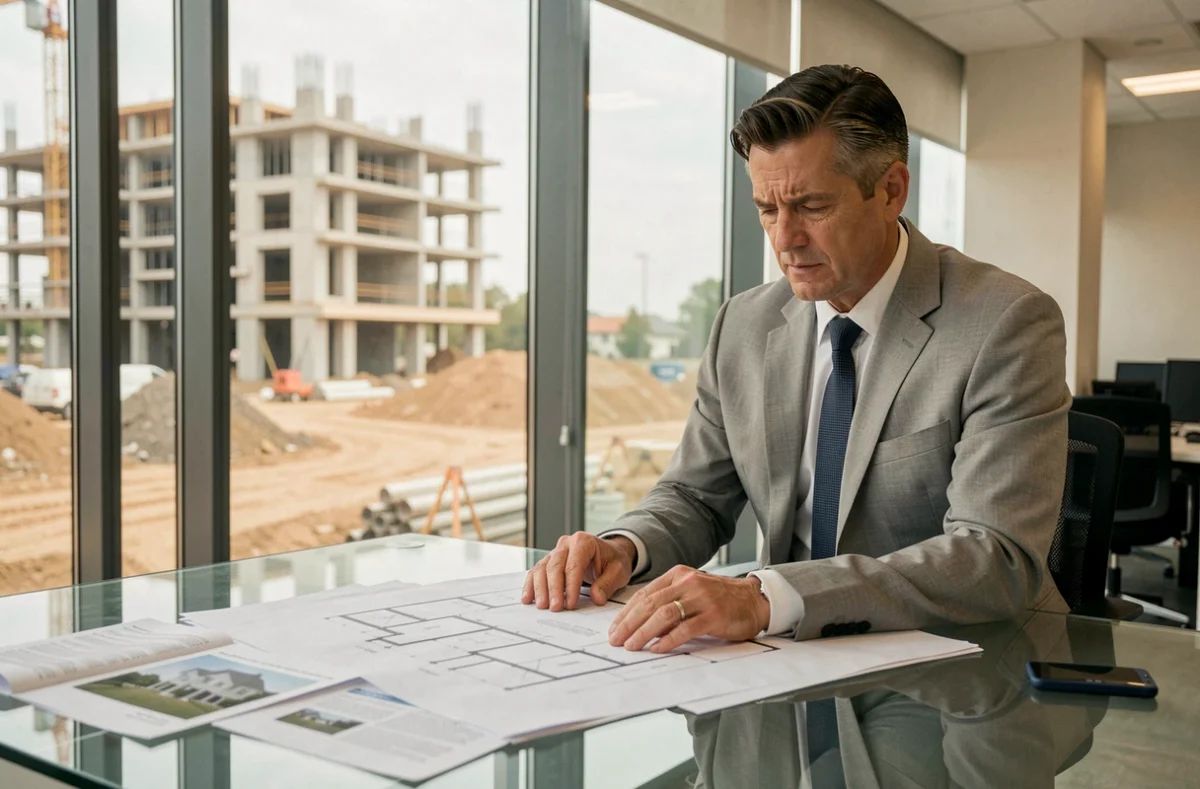 Agent immobilier examinant des documents de retour de lot neuf dans une agence moderne avec chantier en arrière-plan