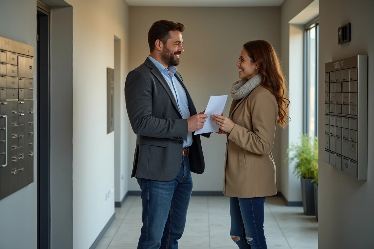 Agent immobilier remet un contrat signé à un jeune couple dans un hall lumineux