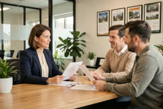Agent immobilier traditionnelle conseillant un couple dans une agence moderne autour de documents de vente