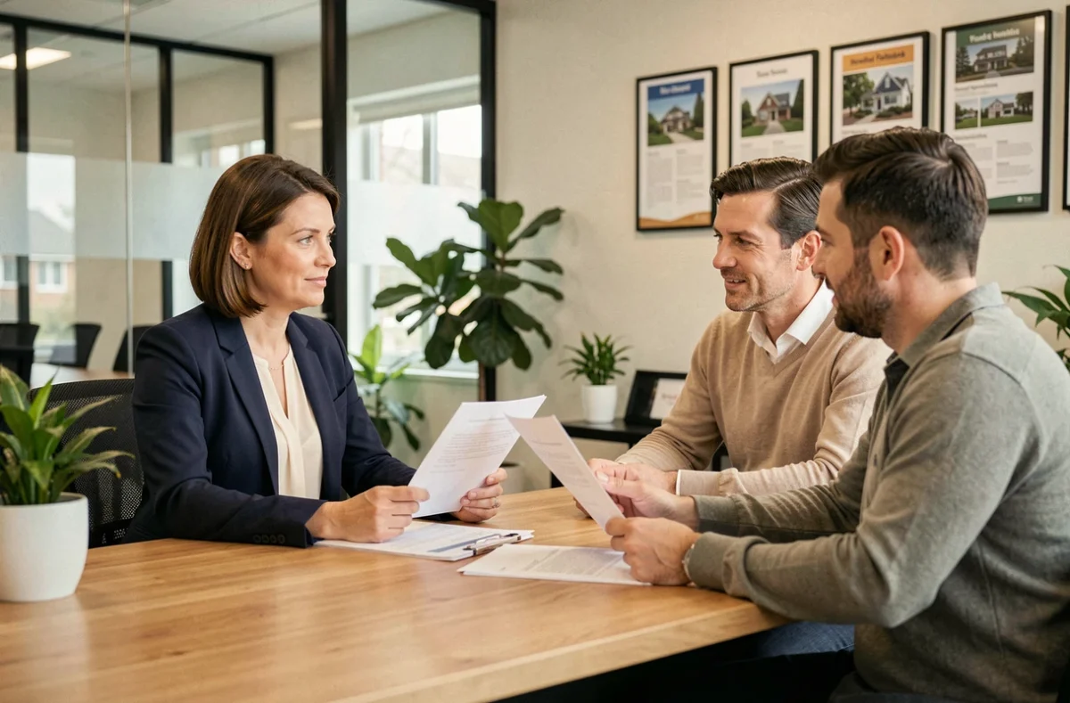 Agent immobilier traditionnelle conseillant un couple dans une agence moderne autour de documents de vente