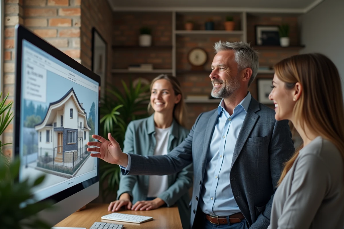 Agent immobilier présente une visite virtuelle à un couple