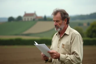 Agriculteur tenant un document juridique au bord d'un champ cultivé, illustrant la récupération de terres agricoles louées