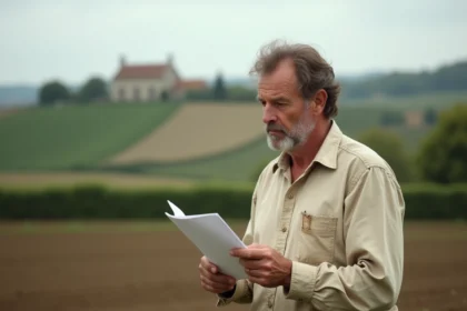 Agriculteur tenant un document juridique au bord d'un champ cultivé, illustrant la récupération de terres agricoles louées