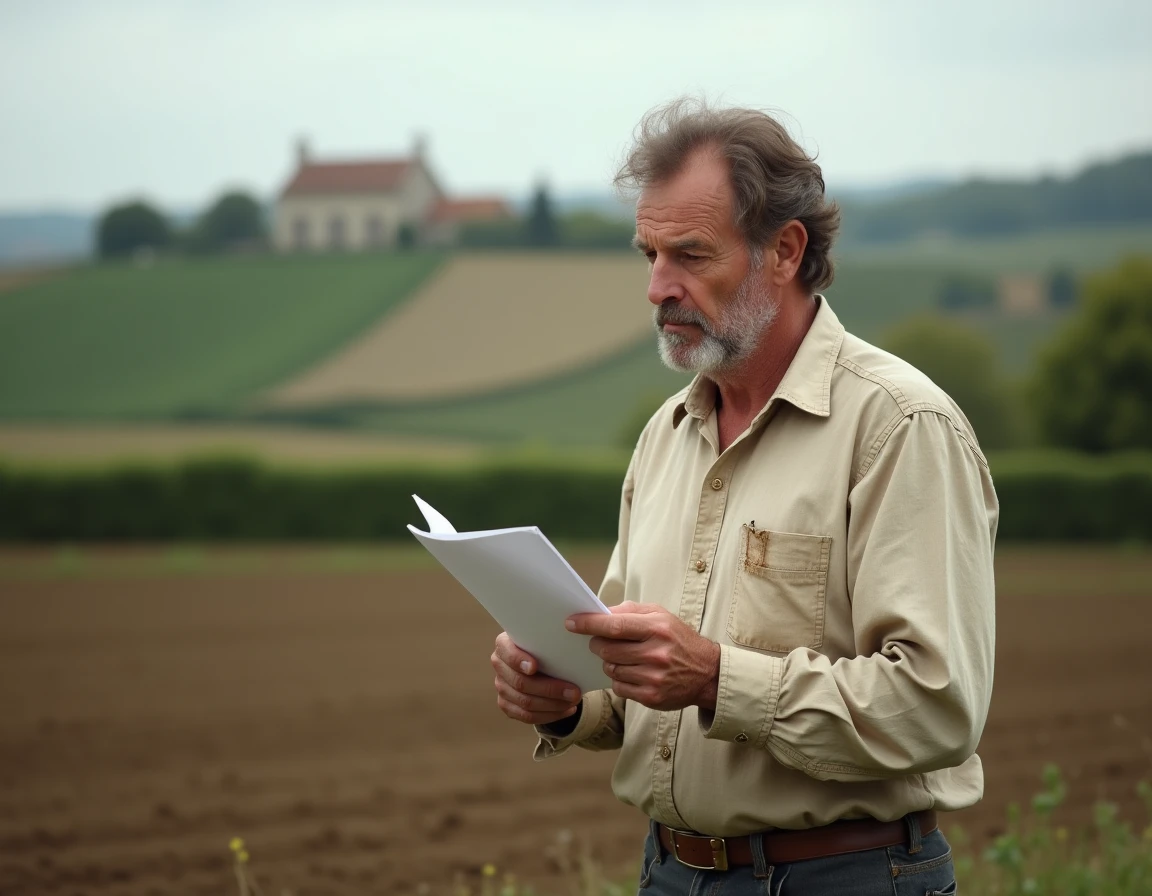 Agriculteur tenant un document juridique au bord d'un champ cultivé, illustrant la récupération de terres agricoles louées