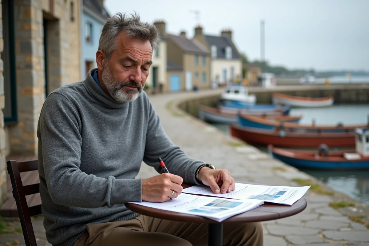 Homme analysant les prix du marché immobilier normand dans un café de port en bord de mer avant une négociation d'achat