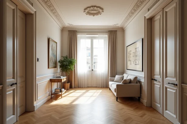 Vue grand angle d'un appartement haussmannien avec parquet en point de Hongrie, hautes portes à moulures et plans d'architecte au mur
