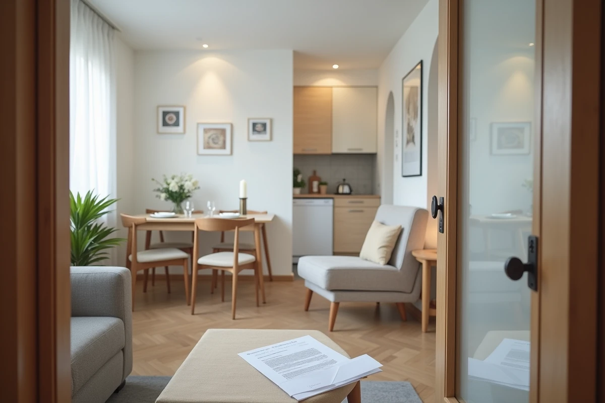 Appartement meublé en location avec contrat de bail et courrier fiscal posés sur la table basse