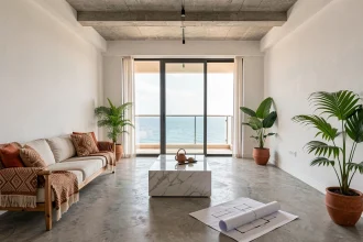 Salon moderne d'un appartement à vendre à Dakar avec vue partielle sur l'océan et décoration contemporaine africaine