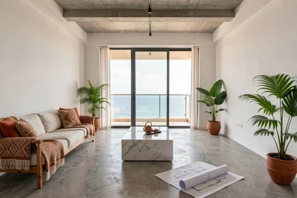 Salon moderne d'un appartement à vendre à Dakar avec vue partielle sur l'océan et décoration contemporaine africaine