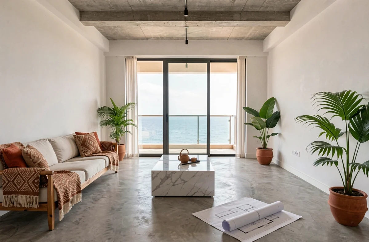 Salon moderne d'un appartement à vendre à Dakar avec vue partielle sur l'océan et décoration contemporaine africaine
