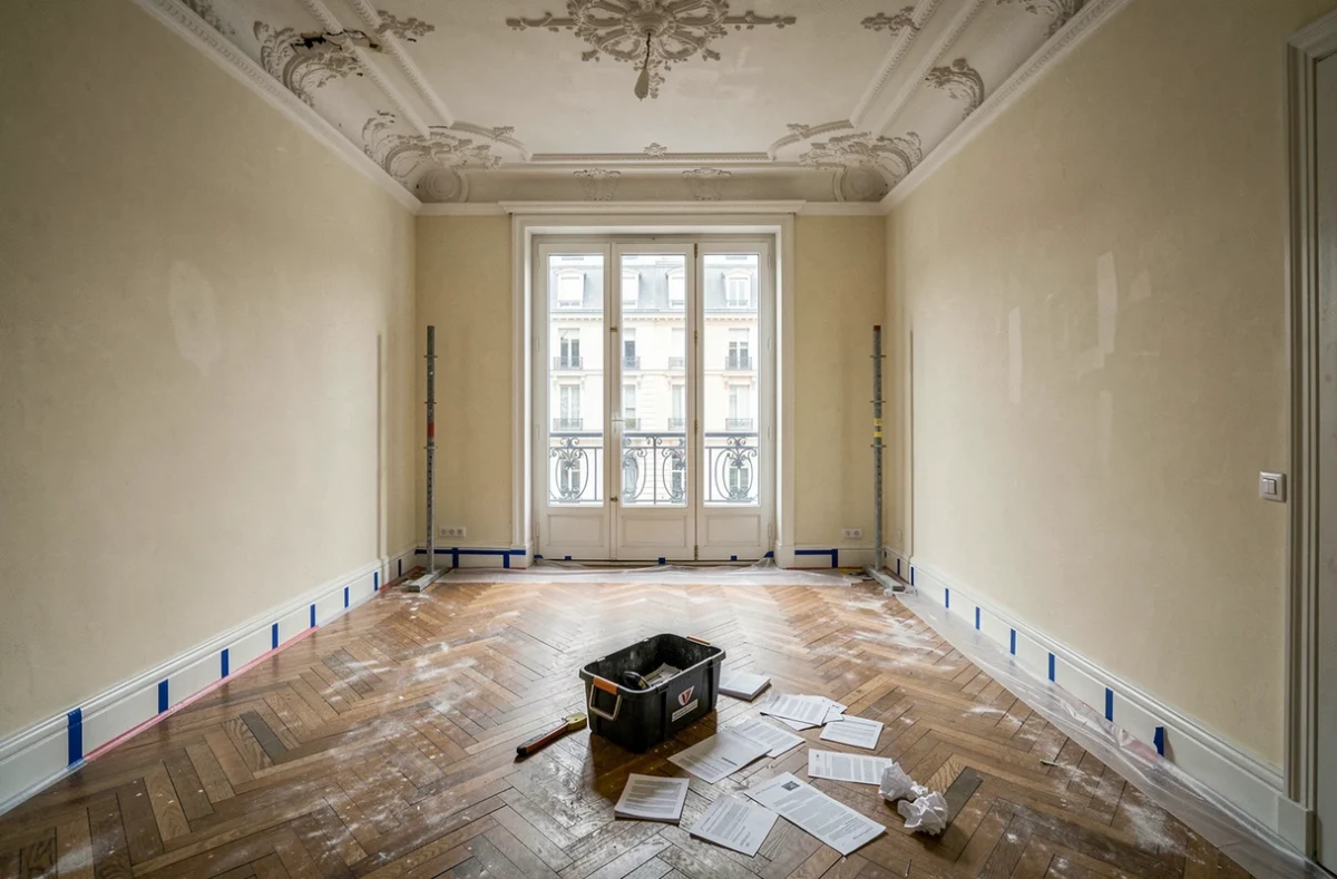 Appartement haussmannien en rénovation avec factures de travaux anciens au sol illustrant le calcul de la plus-value immobilière