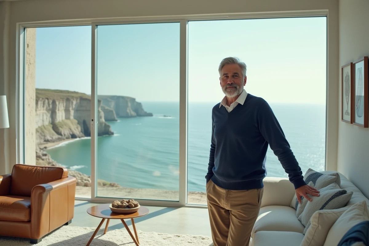 Homme dans un appartement moderne avec vue panoramique sur les falaises et la mer en Normandie