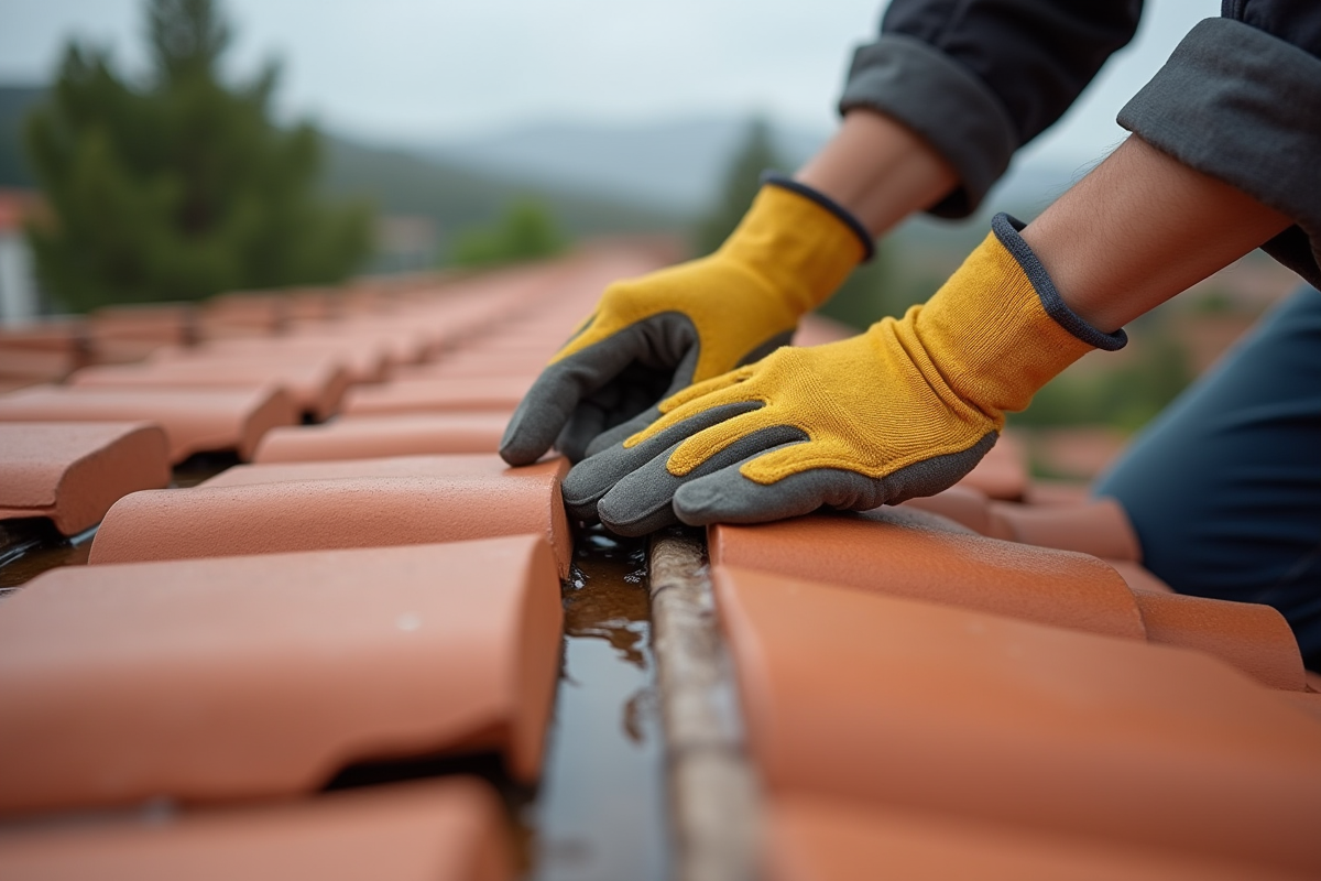 Main en gant appliquant un joint d