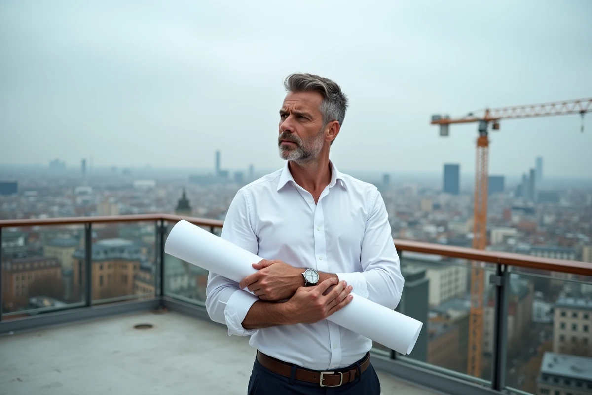 Architecte sur un chantier en hauteur tenant des plans face à la skyline d'une grande métropole européenne