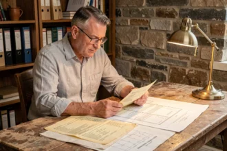 Architecte consultant d'anciennes factures de travaux et des plans de rénovation pour calculer la plus-value immobilière