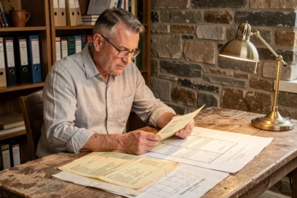 Architecte consultant d'anciennes factures de travaux et des plans de rénovation pour calculer la plus-value immobilière