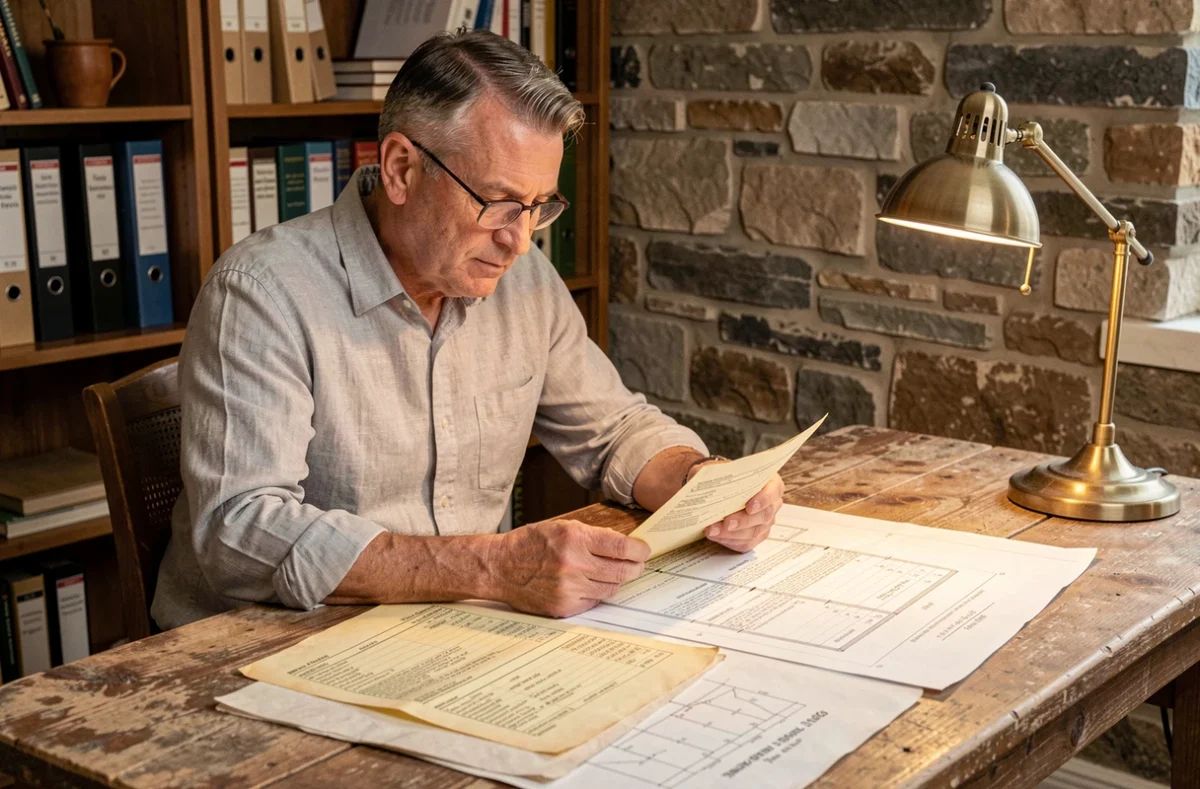 Architecte consultant d'anciennes factures de travaux et des plans de rénovation pour calculer la plus-value immobilière