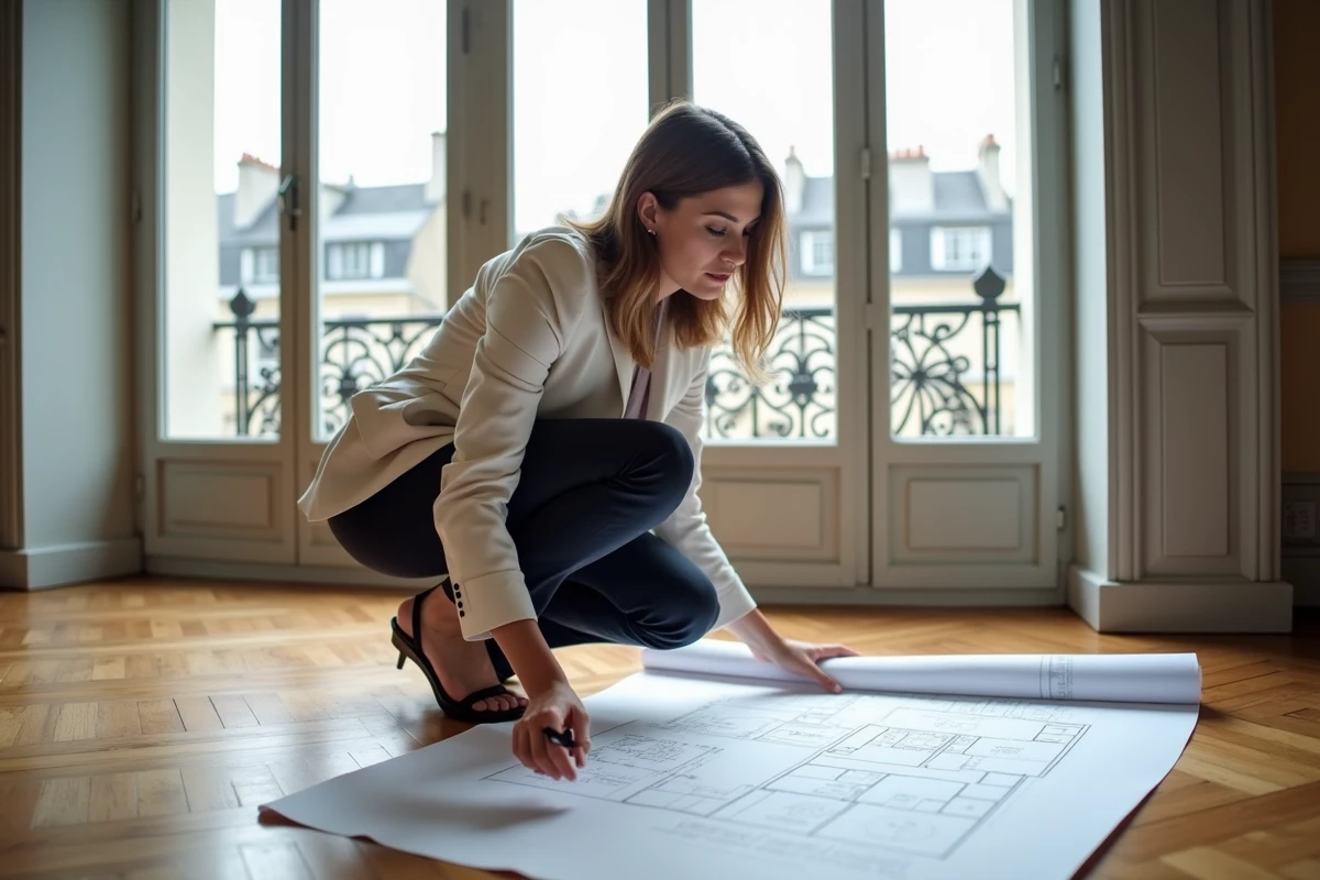 Architecte d'intérieur féminine étudiant un plan d'appartement haussmannien déroulé sur le parquet