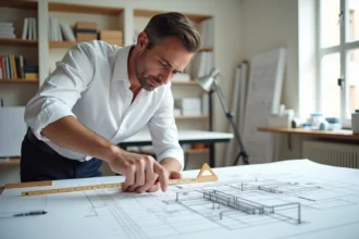 Architecte professionnel dessinant un plan en coupe de terrain et bâtiment à l'échelle sur une table à dessin