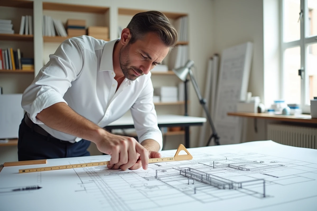 Architecte professionnel dessinant un plan en coupe de terrain et bâtiment à l'échelle sur une table à dessin
