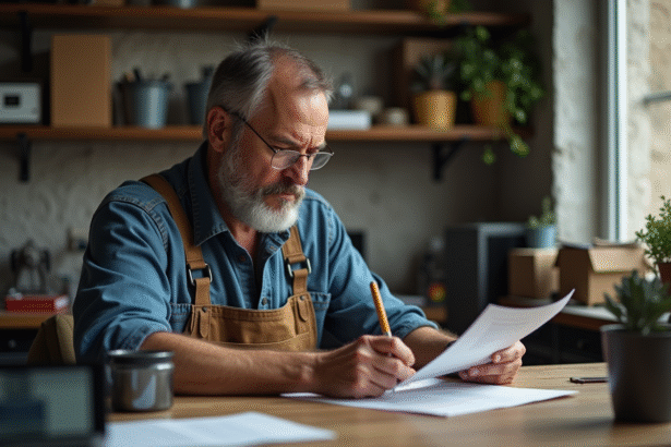 artisan homme examine un certificat d'assurance dans son bureau