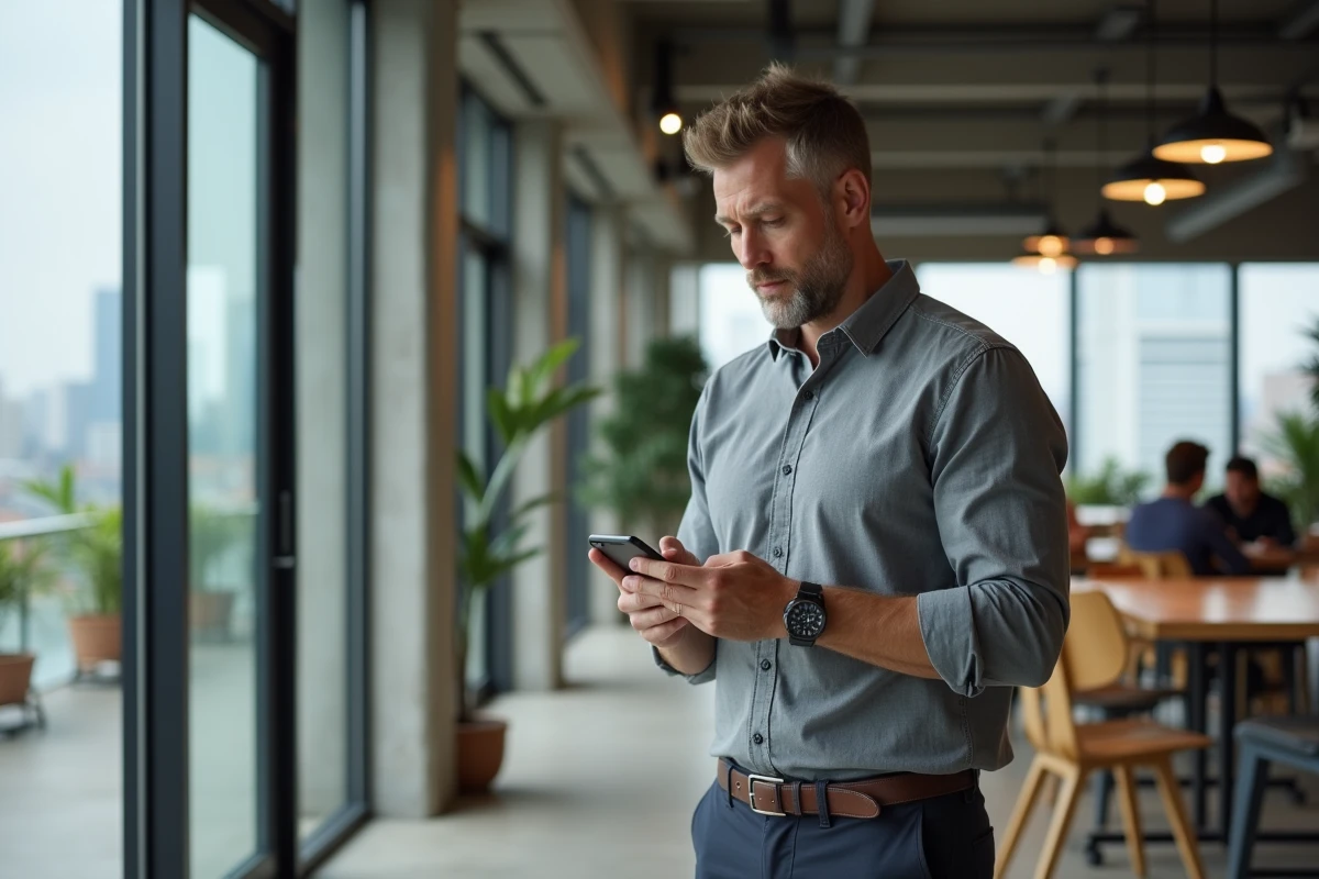 Homme connecté à un portail d'authentification professionnel sur mobile dans un espace de coworking moderne