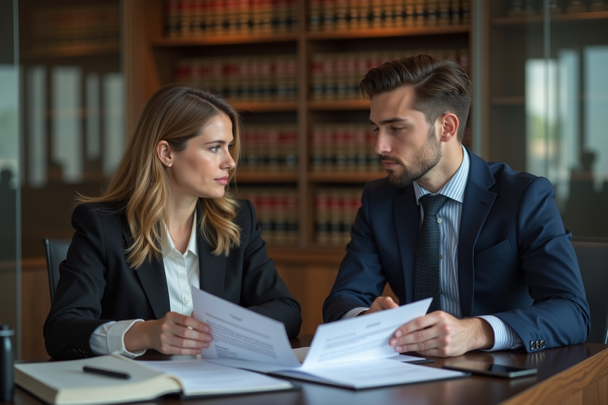 Avocate et client examinant un contrat dans un bureau moderne