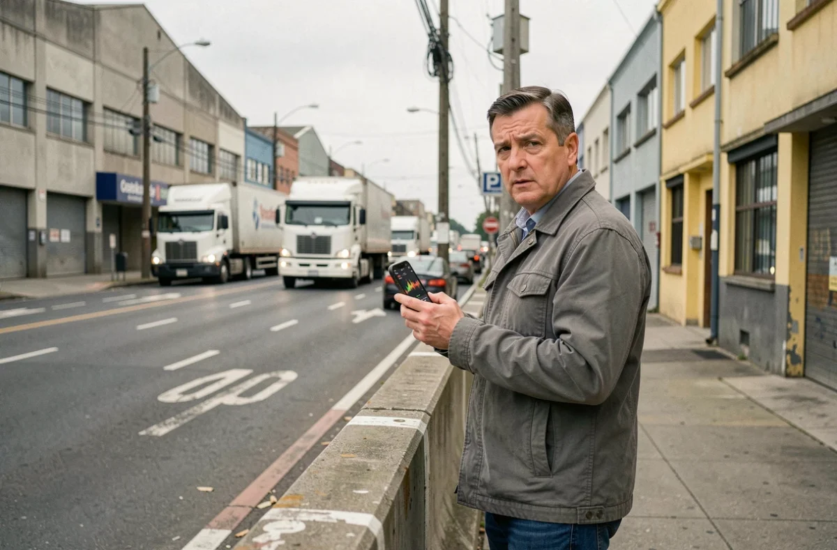 Homme mesurant le niveau sonore avenue de l'industrie avec une application décibelmètre, bruit de la circulation des camions en arrière-plan