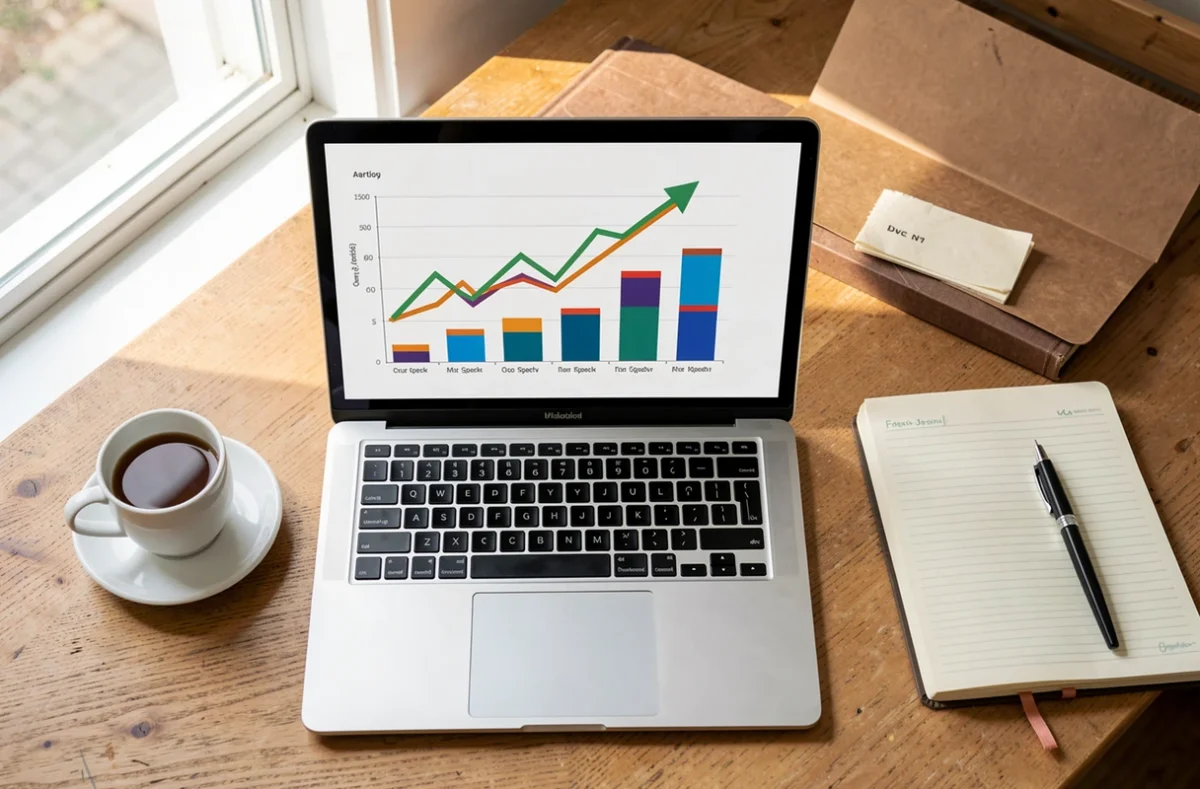 Bureau avec ordinateur et graphiques pour suivre un placement