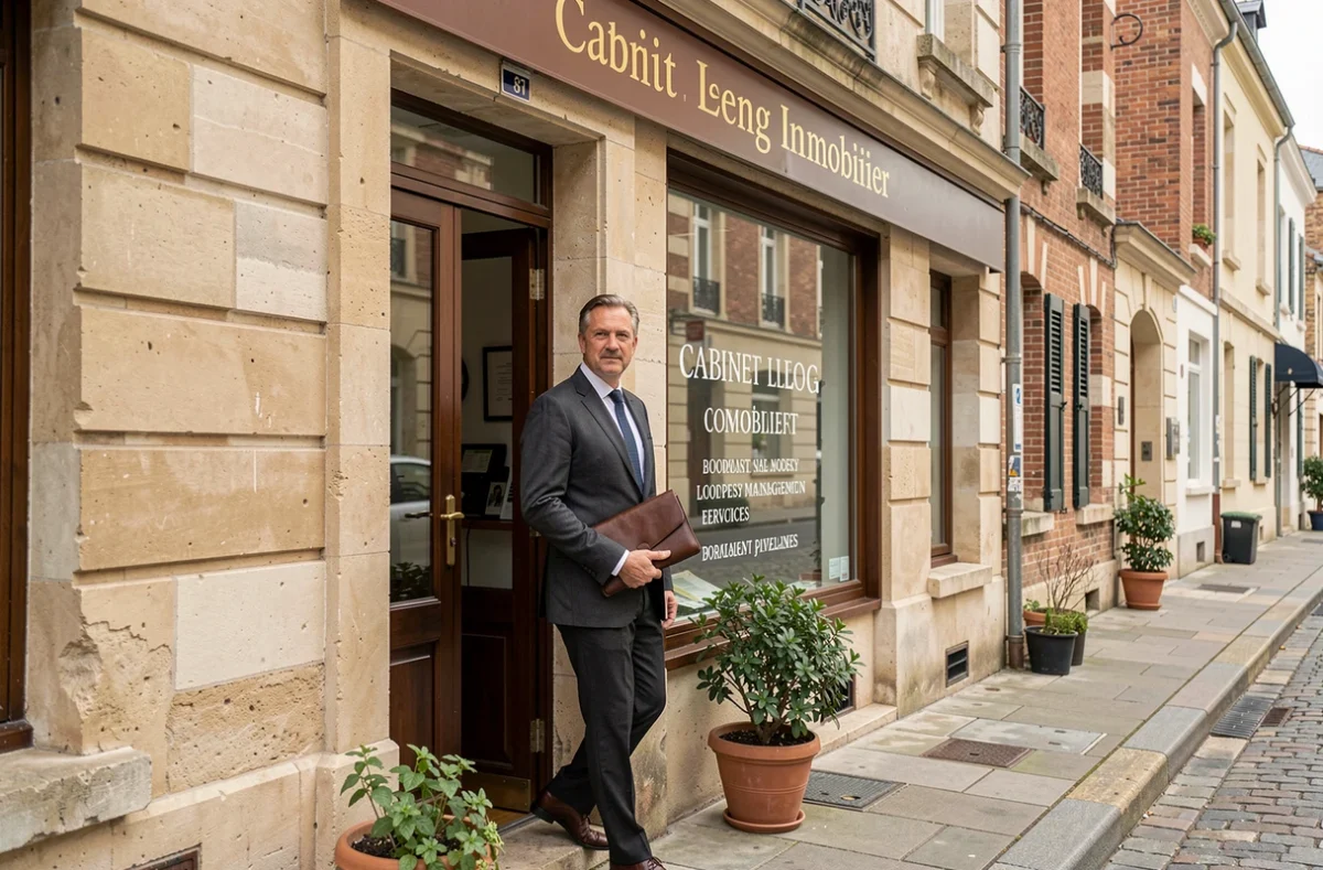 Devanture du Cabinet Lelong Immobilier dans les Yvelines avec un directeur d'agence sortant de l'entrée, illustrant un syndic indépendant local